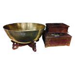 CHINESE BRASS BOWL ON STAND WITH 2 BOXES