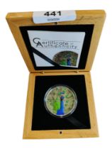 COOK ISLANDS - MAGNIFICENT LIFE PEACOCK 5 DOLLARS 2015 1 OZ SILVER PROOF COIN IN BOX WITH