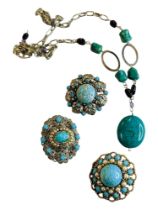 3 X TORQUOISE SET BROOCHES AND TORQUOISE NECKLACE