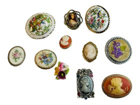 SELECTION OF CAMEO, PORCELAIN AND TAPESTRY BROOCHES