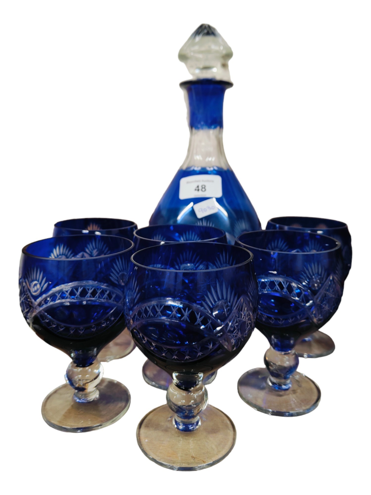 BRISTOL BLUE DECANTER & 6 GLASSES