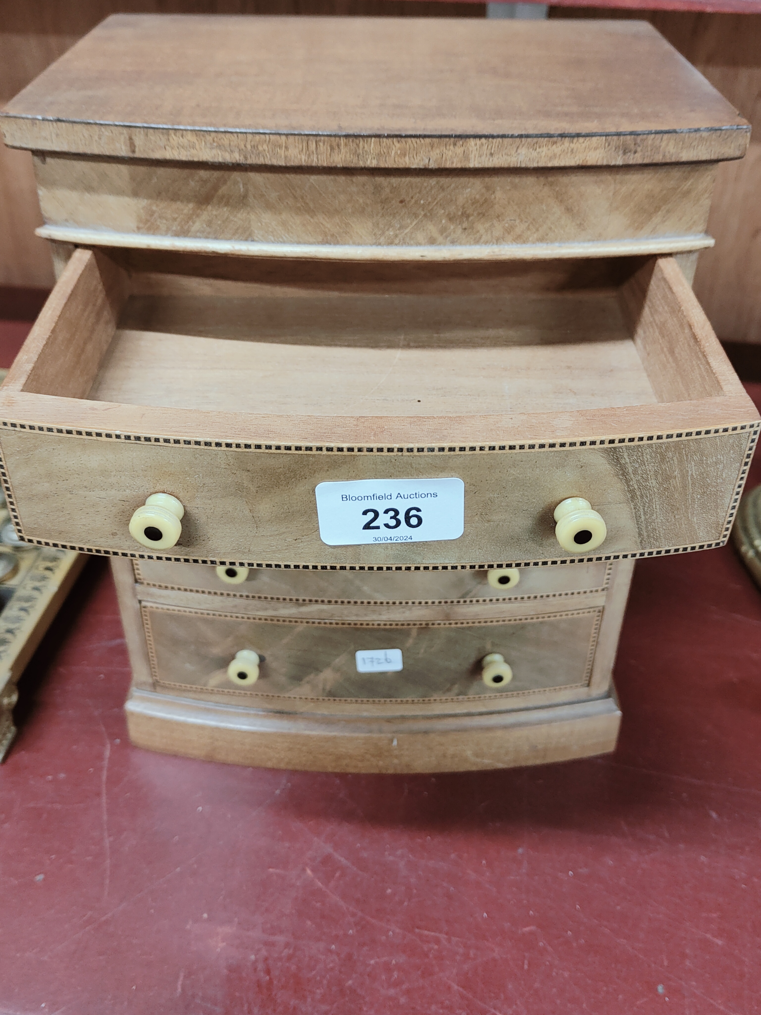 FINE QUALITY INLAID MINIATURE BOW FRONTED CHEST - Image 4 of 8