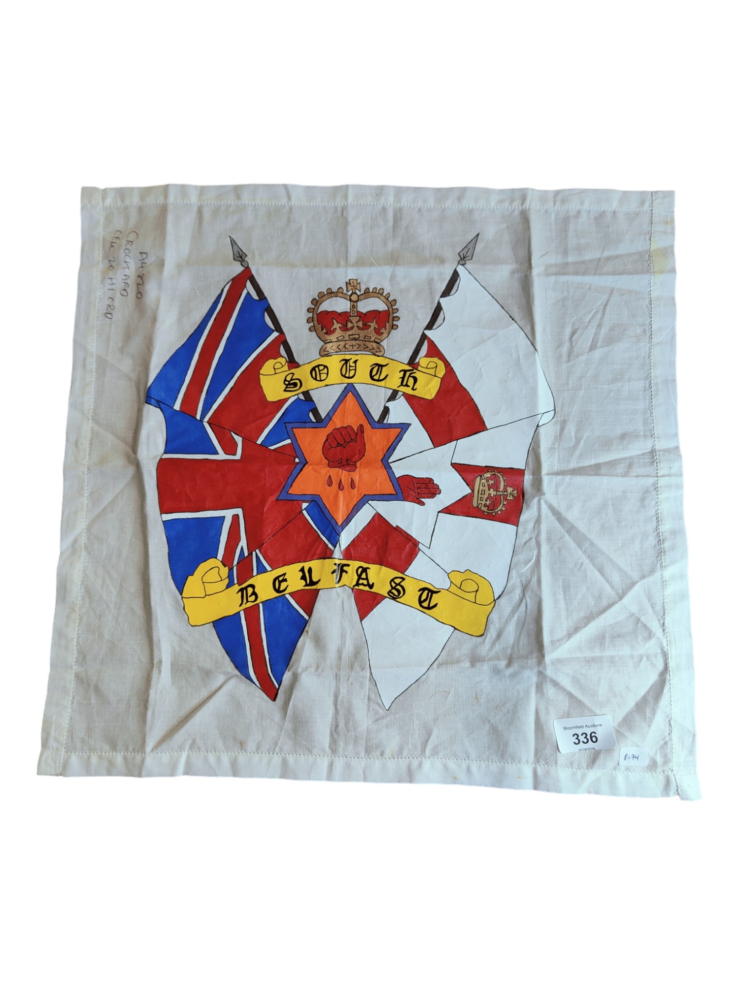 LOYALIST PRISON ART HANDKERCHIEF SIGNED 'A4820 CROCKARD CELL 20 H1 C &D'