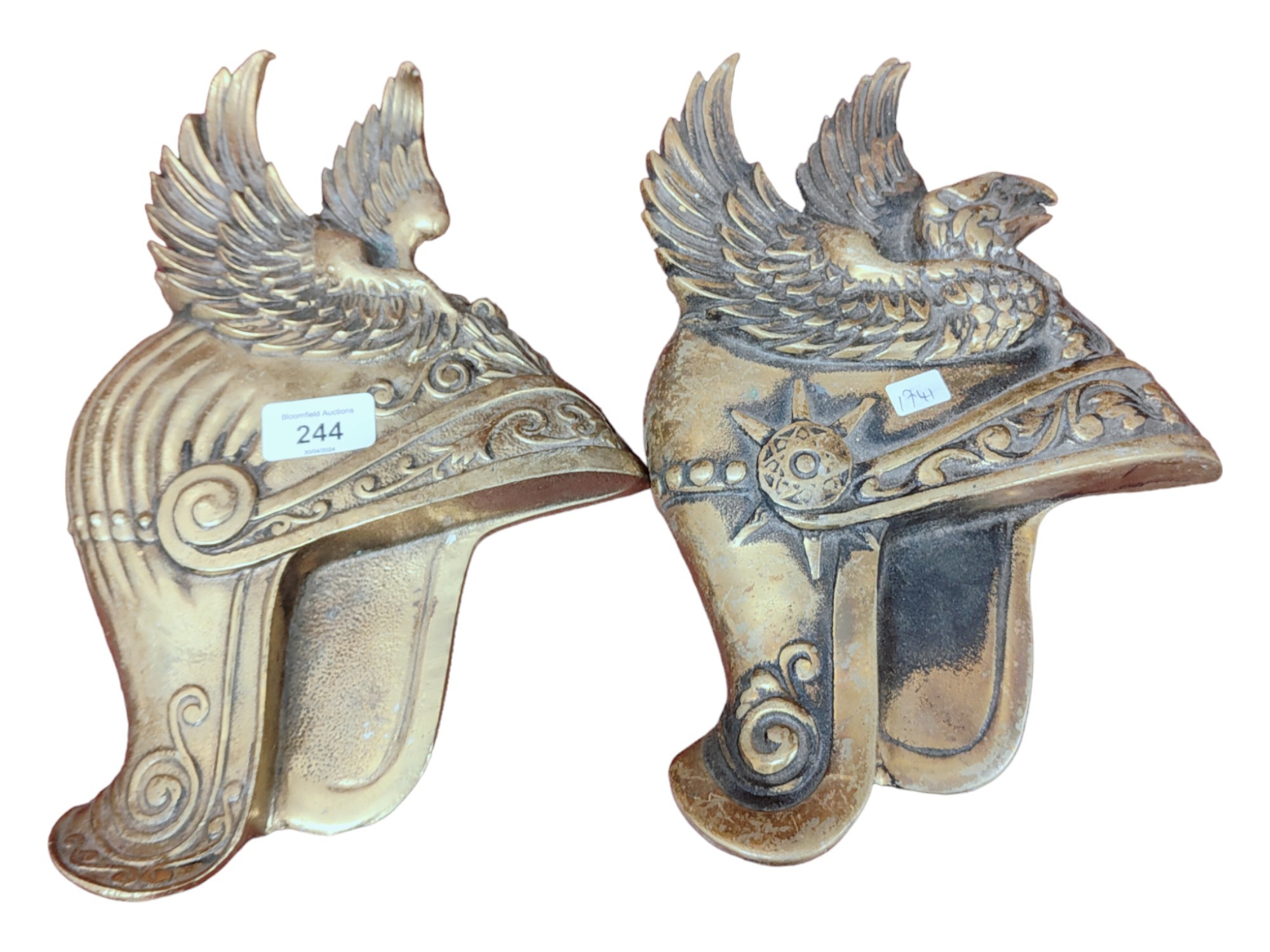 PAIR OF VICTORIAN BRASS WALL HELMETS