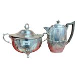 SILVER PLATED SOUP TUREEN, LID AND LADLE AND TEAPOT