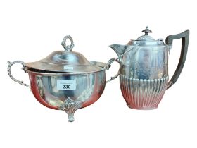 SILVER PLATED SOUP TUREEN, LID AND LADLE AND TEAPOT