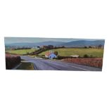 GARY DEVON - OIL ON BOARD - 'CITY PANARAMA' FROM CRAIGANTLET HILLS 91CM X 30CM