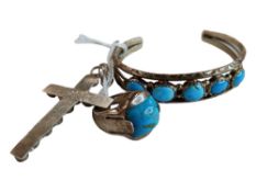 SILVER & TURQUOISE BANGLE, RING & CROSS