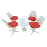 SET OF 4 ARKANA TULIP RETRO CHAIRS BY MAURICE BURKE WITH ORIGINAL SEATS AND 2 TABLES