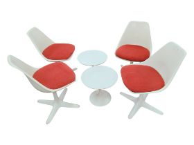 SET OF 4 ARKANA TULIP RETRO CHAIRS BY MAURICE BURKE WITH ORIGINAL SEATS AND 2 TABLES
