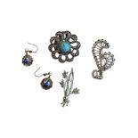 2 X SILVER MARCASITE BROOCHES, SILVER TILE DUTCH EARRINGS AND TURQUOISE BROOCH