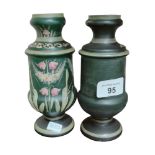 PAIR OF ANTIQUE HAND PAINTED GREEN GLASS VASES