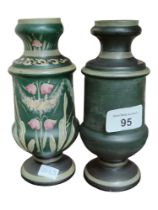 PAIR OF ANTIQUE HAND PAINTED GREEN GLASS VASES