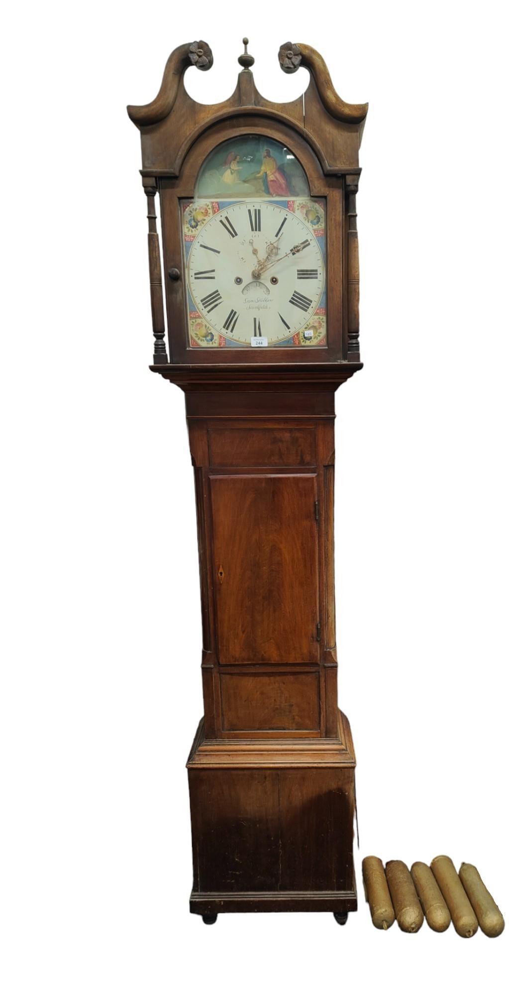 ANTIQUE MAHOGANY LONG CASED CLOCK WITH PAINTED DIAL - SKILLEN SAINTFIELD