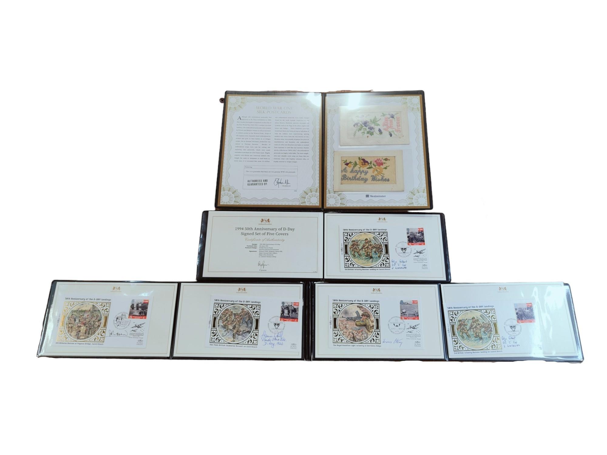 2 X WWI POSTCARDS & A SET OF 1994 50TH ANNIVERSARY OF D-DAY SIGNED SET OF FIVE COVERS