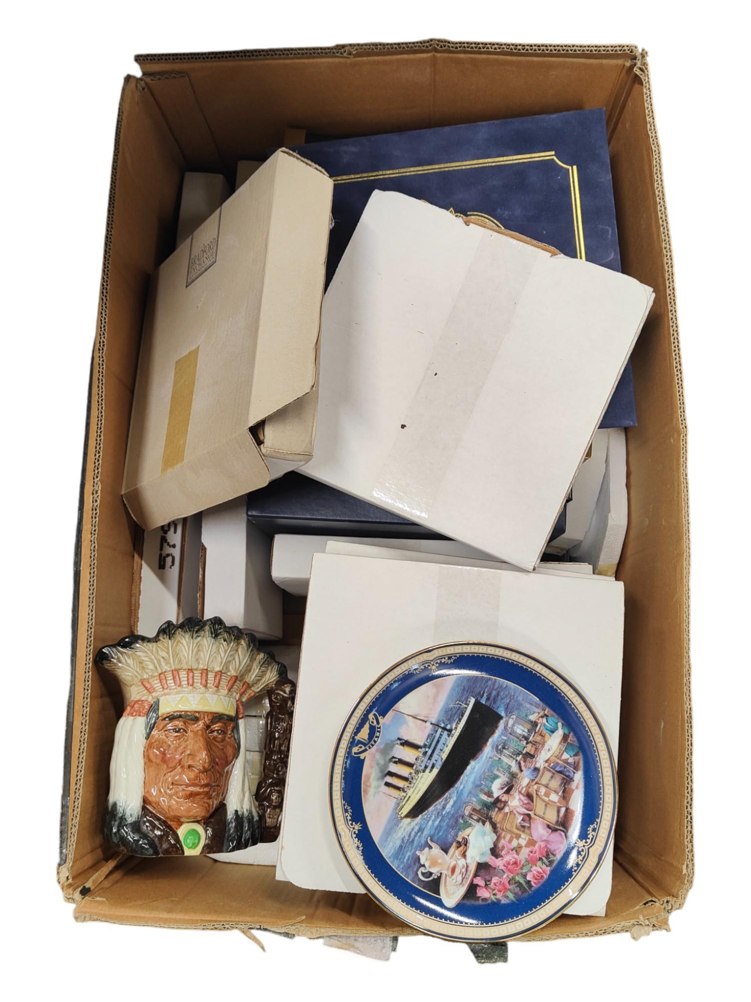 BOX OF COLLECTORS PLATES, ALBUM COVERS AND DOULTON FIGURE