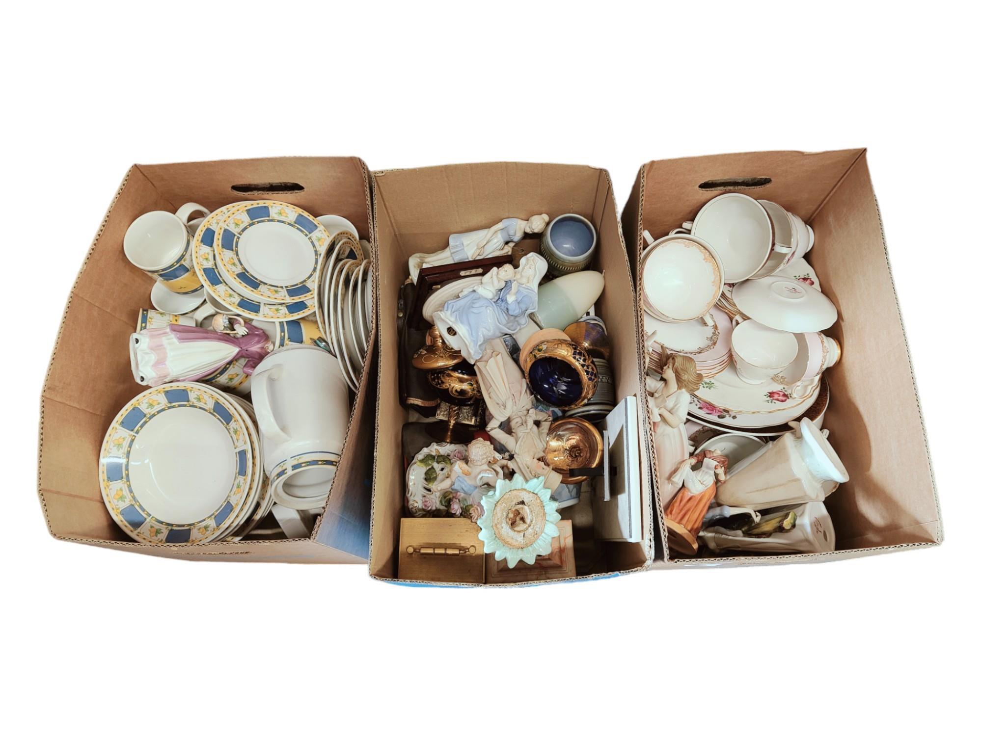 3 BOX LOTS OF CHINA TEA SETS AND ORNAMENTS