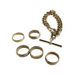 5 GOLD PLATE ORNATE BAND RINGS & ALBERT BRACELET