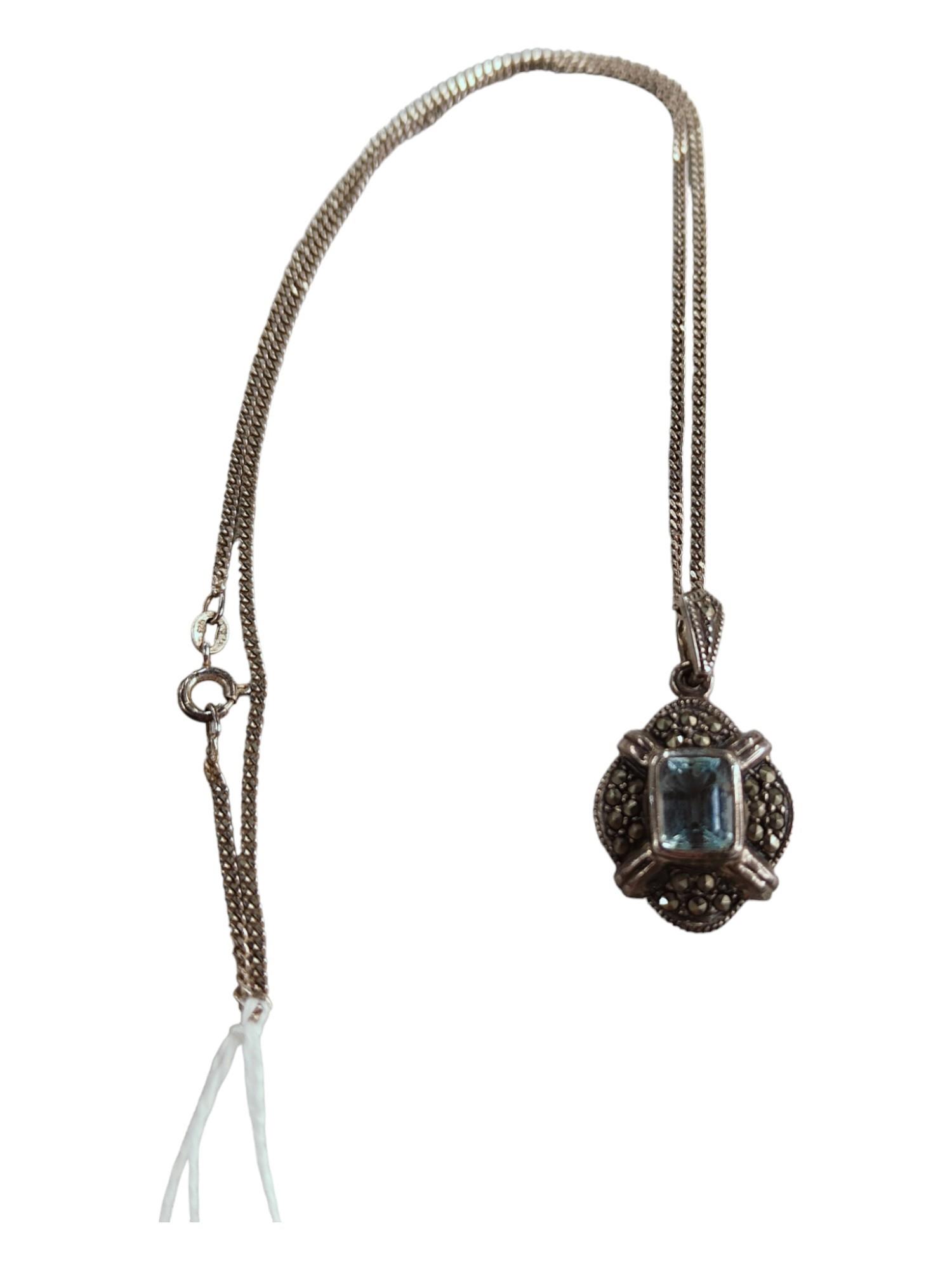 SILVER BLUE TOPAZ & MARCASITE PENDANT ON CHAIN