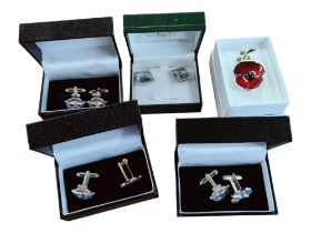 4 PAIRS OF CUFFLINKS TO INCLUDE SILVER & A POPPY BADGE