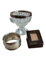 SILVER & GLASS SALT, SILVER MOUNTED STAMP BOX & SILVER NAPKIN RING