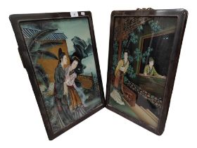 PAIR OF ANTIQUE ORIENTAL PICTURES ON GLASS