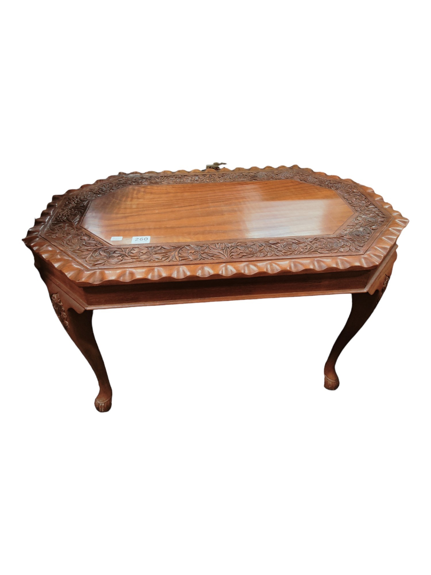CARVED MAHOGANY COFFEE TABLE