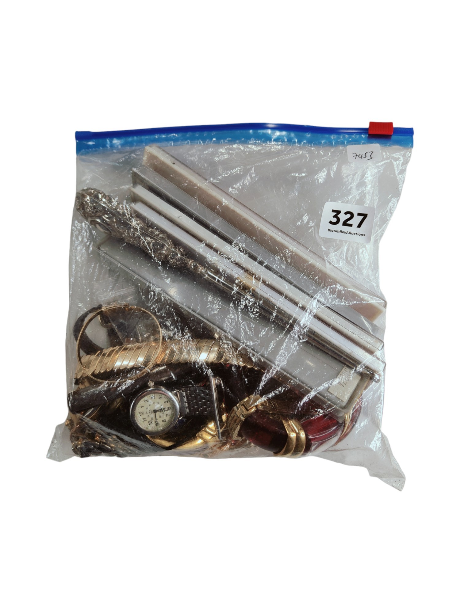 BAG OF COSTUME JEWELLERY TO INC. NURSES WATCH & SILVER HANDLED BUTTON HOOK