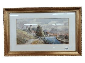 ANTIQUE GILT FRAMED CONTINENTAL WATERCOLOUR - LANDSCAPE