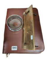 BRASS LETTERBOX & SILVER PLATE WINE COASTER & 2 LEATHER PEN CASES