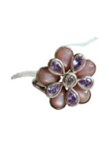 SILVER MOTHER OF PEARL & AMETHYST FLOWER RING