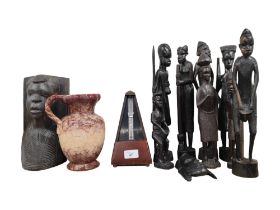 QUANTITY OF CARVED AFRICAN FIGURES, GERMAN VASE & METRONOME