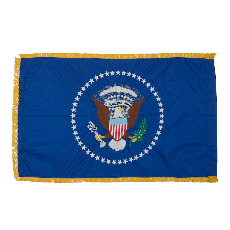 A DWIGHT EISENHOWER 49-STAR PRESIDENTIAL AUTOMOBILE FLAG. Hand- and machine-stitched blue nylon ...