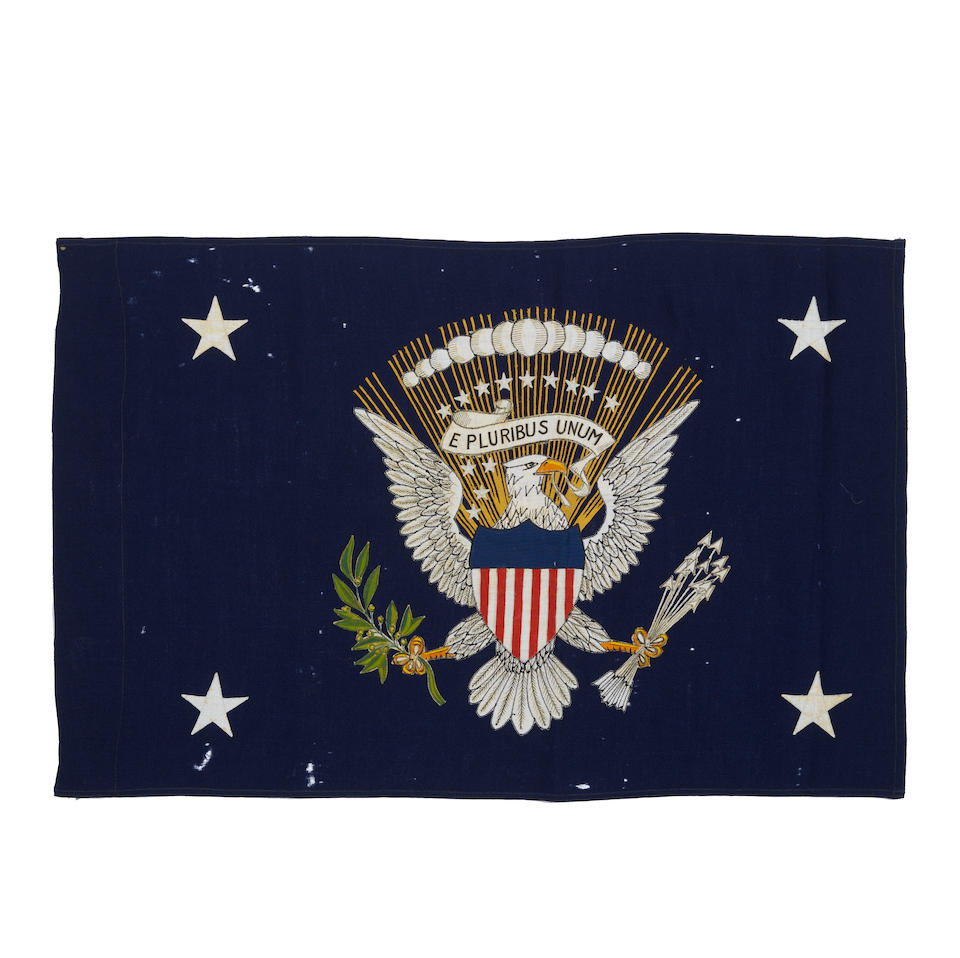 FRANKLIN D. ROOSEVELT'S FINAL PRESIDENTIAL AUTOMOBILE FLAG. A blue wool machine-stitched flag fe...