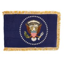 A JOHN F. KENNEDY PRESIDENTIAL MOTORCADE FLAG. Blue rayon with embroidered Great Seal of the Pre...