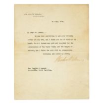 WOODROW WILSON ON THE LEAGUE OF NATIONS. WILSON, WOODROW. 1856-1924. Typed Letter Signed ('Woodr...