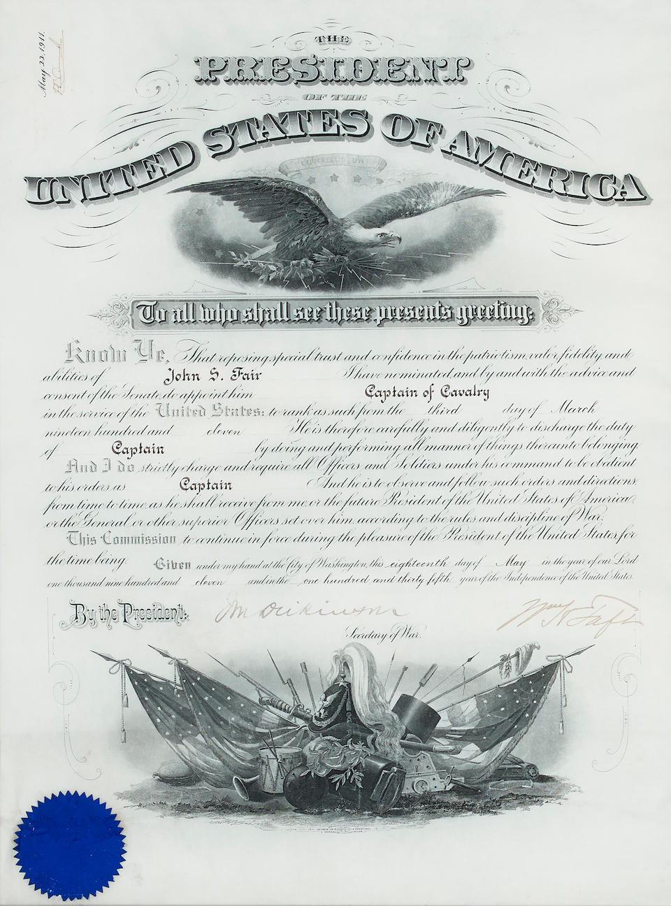 A WILLIAM HOWARD TAFT MILITARY APPOINTMENT. TAFT, WILLIAM HOWARD. 1857-1930. Document Signed ('W...