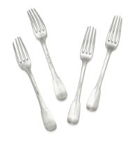 A GROUP OF JOHN AND ABIGAIL ADAMS SILVER FLATWARE. 4 Fiddle pattern dessert forks by Pierre-Nico...