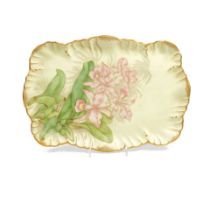 A CAROLINE HARRISON HAND-PAINTED SERVING TRAY. A gilt-decorated, hand painted, scalloped rectang...