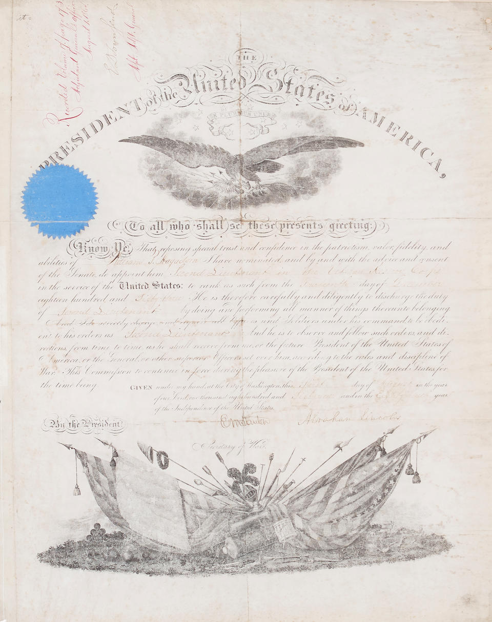 AN ABRAHAM LINCOLN SIGNED MILITARY COMMISSION. LINCOLN, ABRAHAM. 1807-1865. Document Signed ('Ab...