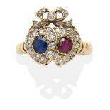 RUBY, SAPPHIRE AND DIAMOND TWIN HEART RING,