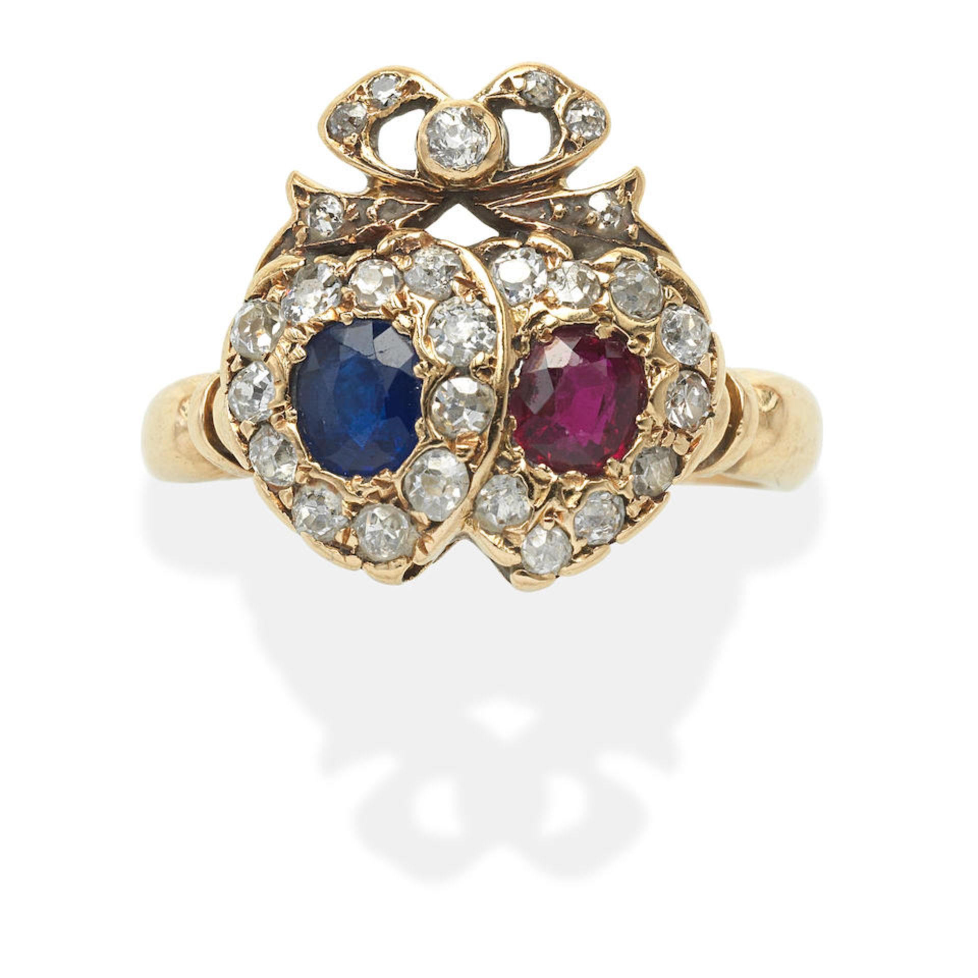 RUBY, SAPPHIRE AND DIAMOND TWIN HEART RING,