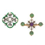 TWO GEM-SET AND ENAMEL BROOCHES, (2)