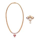 RUBY AND DIAMOND NECKLACE AND OPAL, RUBY AND DIAMOND-SET BROOCH/PENDANT (2)