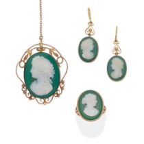 GREEN AGATE CAMEO BROOCH AND EARRING SUITE, AND RING, (3)