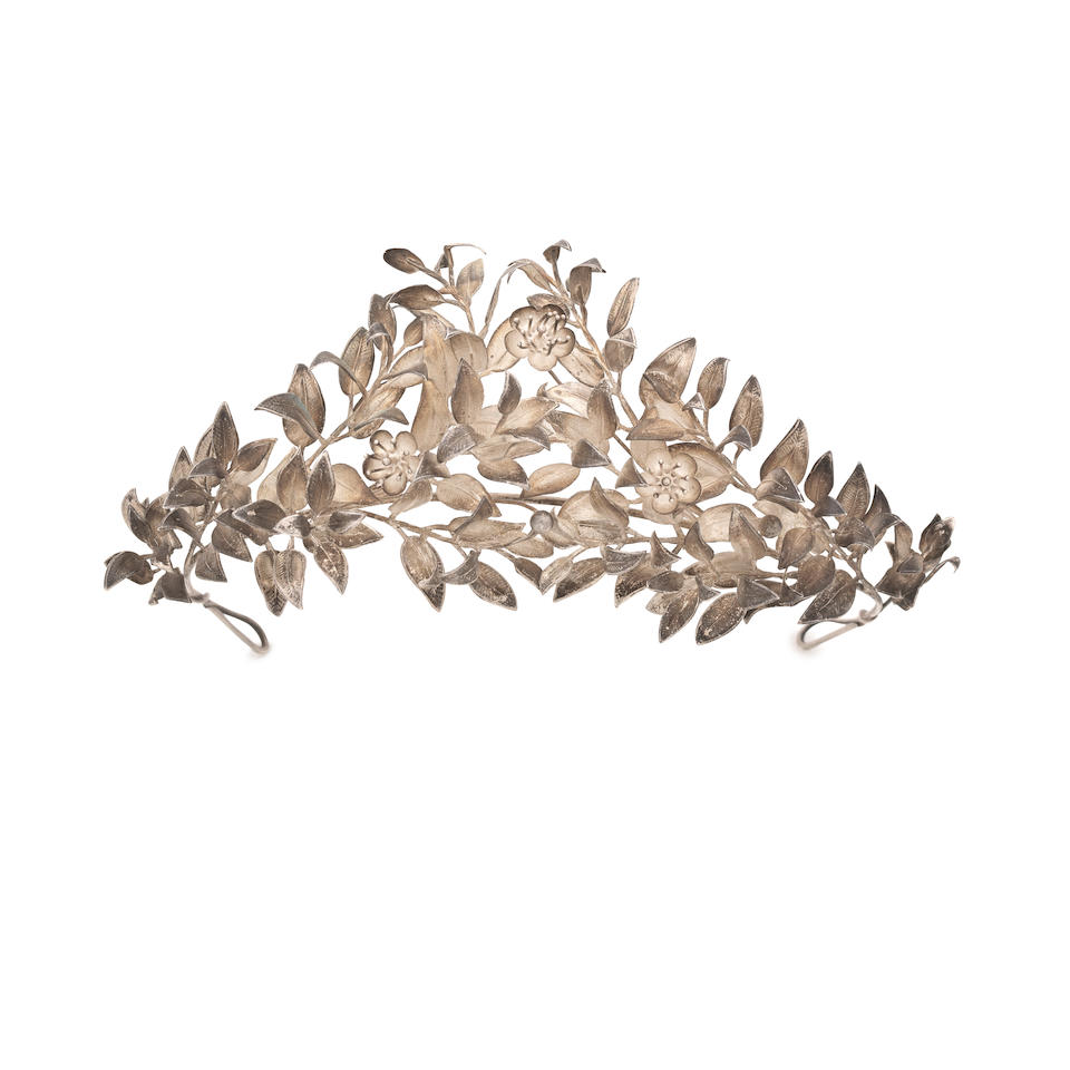 SILVER MYRTLE TIARA AND PIN SUITE, (2)