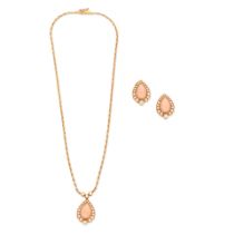 BUCHERER: CORAL AND DIAMOND PENDANT NECKLACE AND EARCLIPS (2)