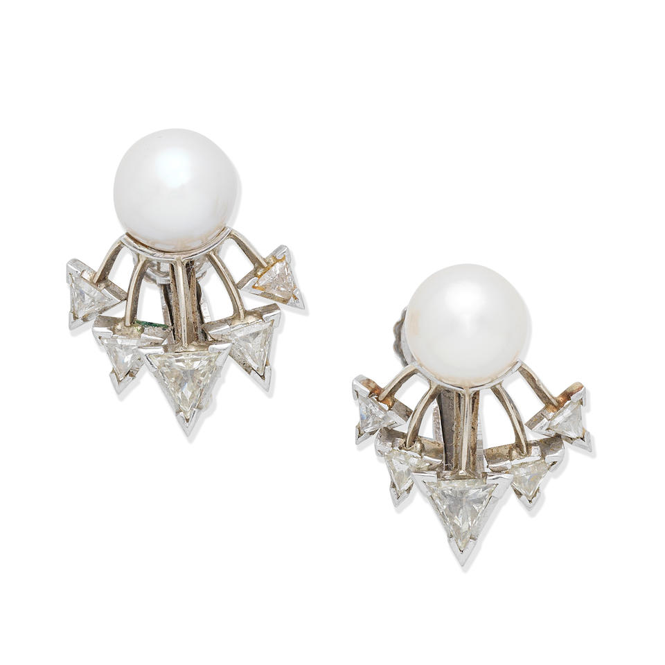 CULTURED PEARL AND DIAMOND EARCLIPS