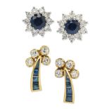 TWO PAIRS OF SAPPHIRE AND DIAMOND EARRINGS (2)