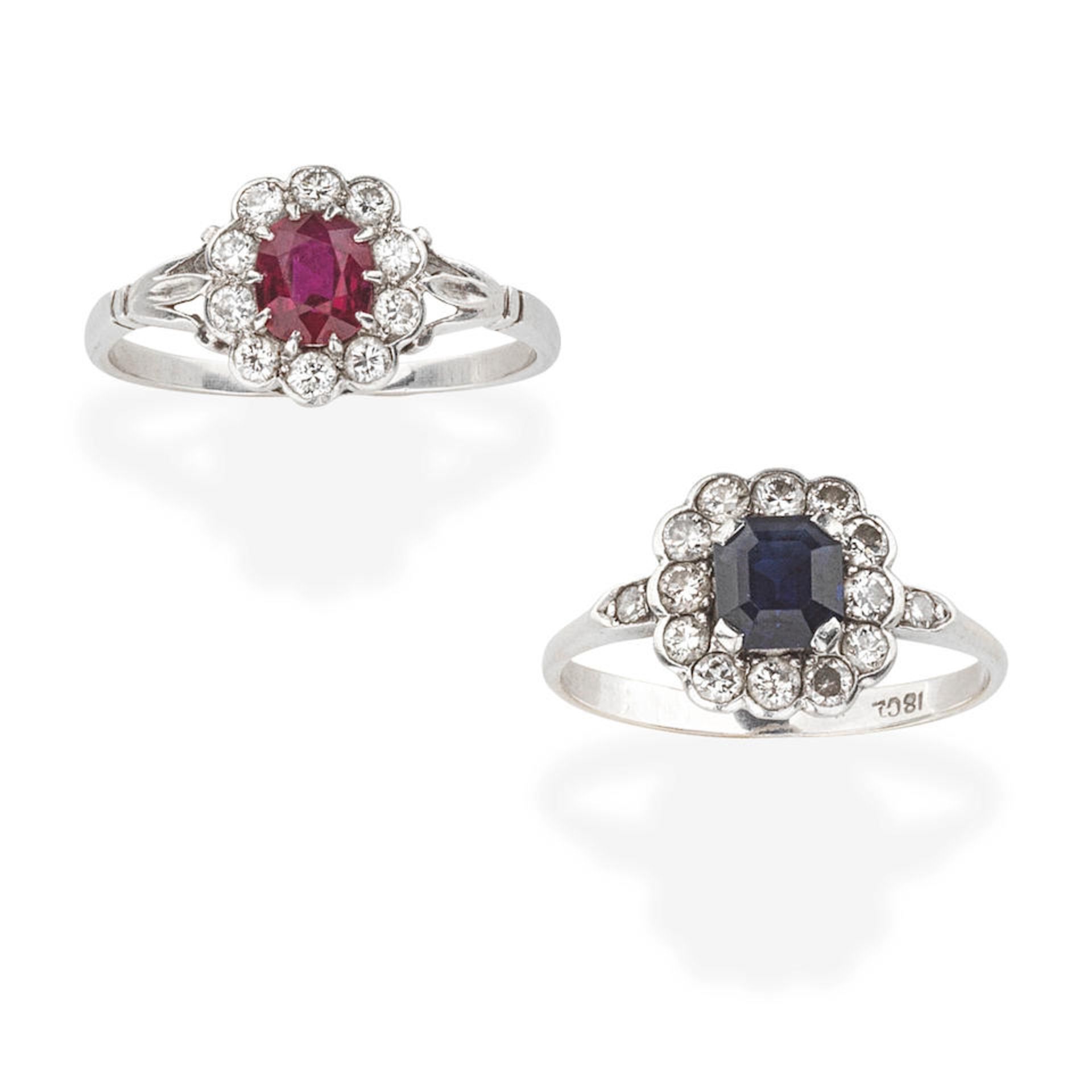 TWO GEM-SET AND DIAMOND CLUSTER RINGS (2)